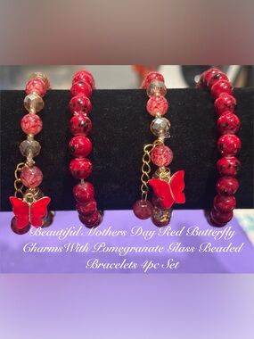 NEW MOTHERS DAY BUTTERFLY RED CHARM W/RED POMEGRANATE GLASS BEADED BRAC 4PC
